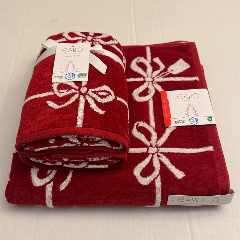 3pc CARO HOME Reversible Christmas Bows Bath Towel Set - 100% Cotton - Red/White